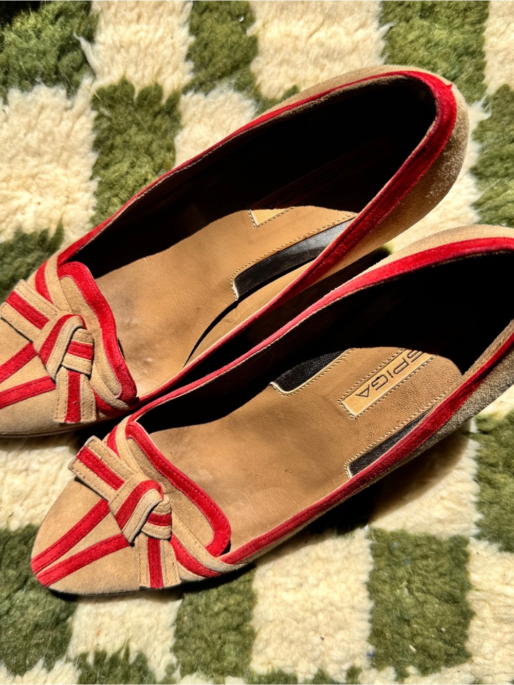 Vintage Tan Red Suede Knot Detail Kitten Heels Ballet Pumps